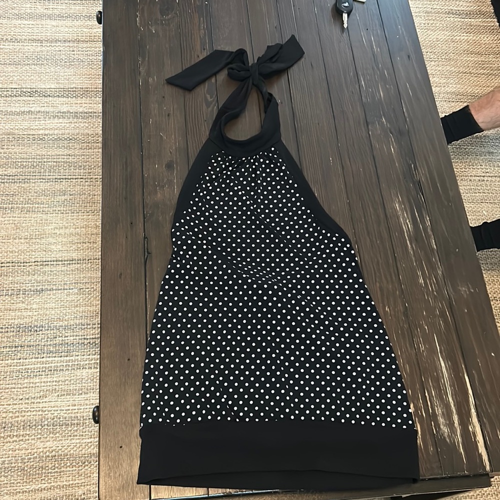 Open back black polkadot top